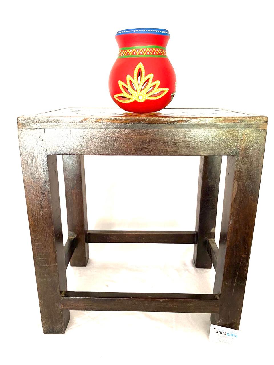 Nester Stool With Blue Pottery Tiles Handmade Wooden Art & Craft By Tamrapatra