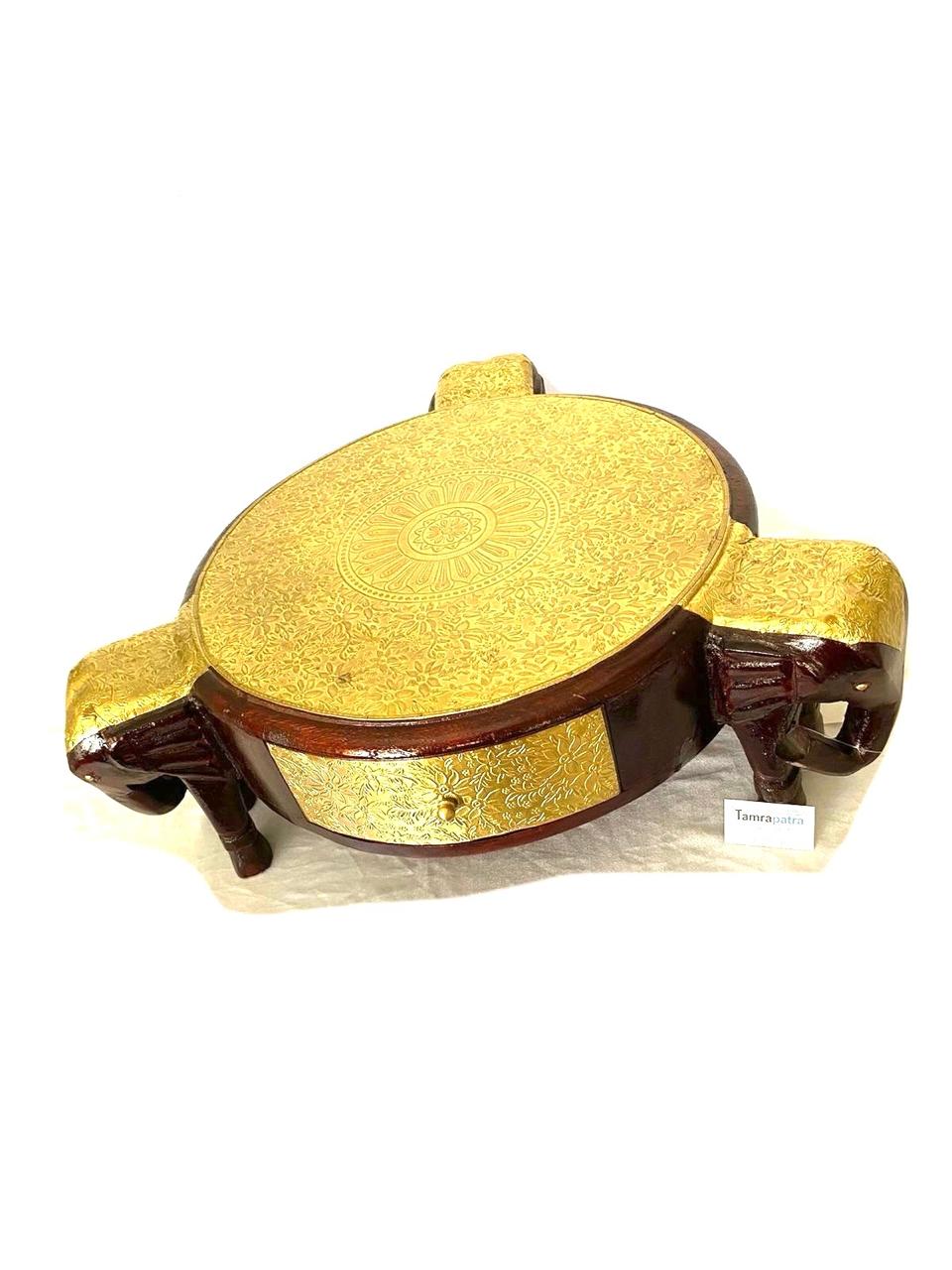 3 Elephant Wooden Brass Stool With Drawer Vintage Collection From Tamrapatra