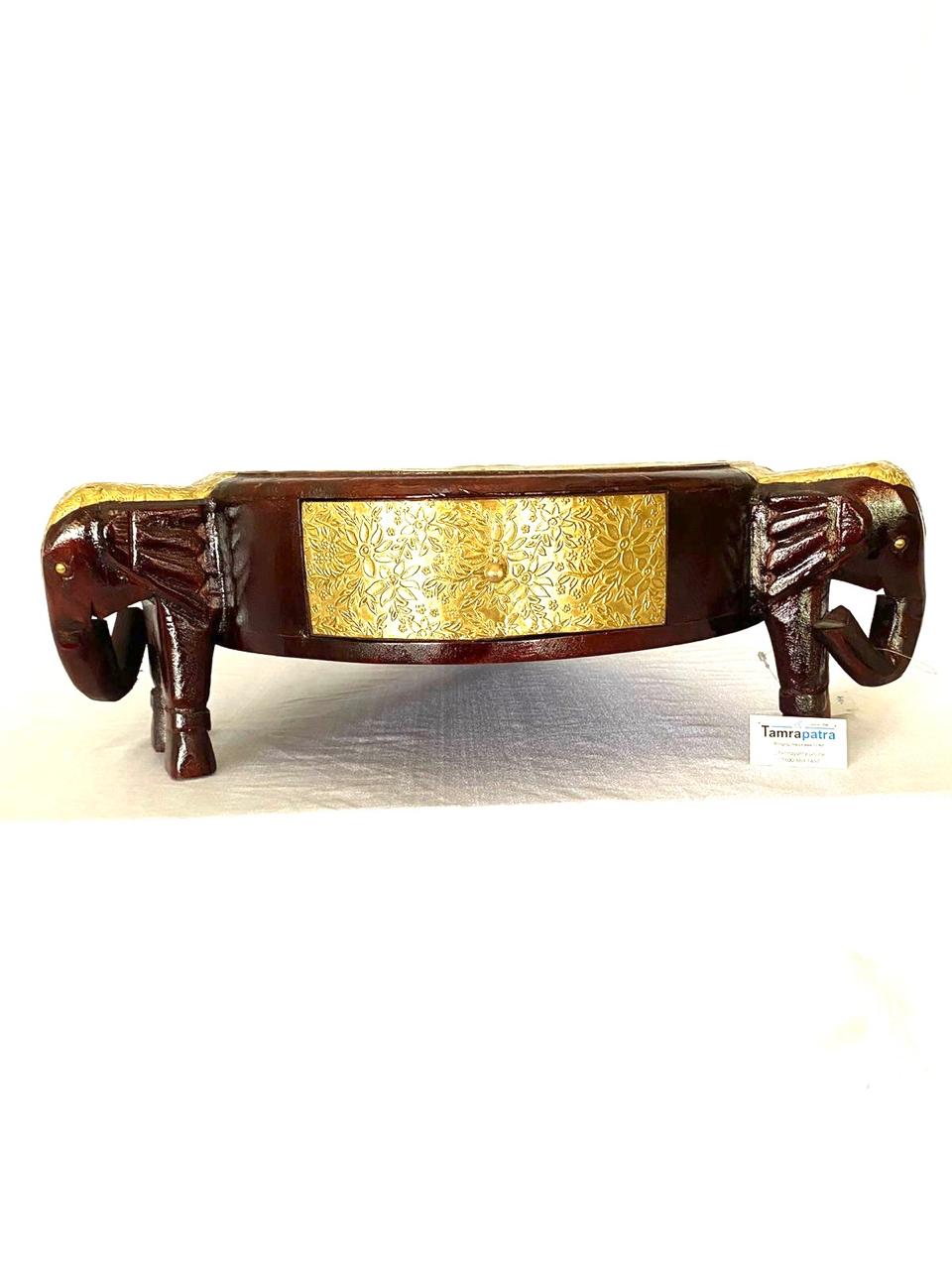 3 Elephant Wooden Brass Stool With Drawer Vintage Collection From Tamrapatra