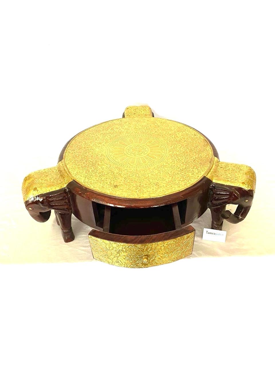 3 Elephant Wooden Brass Stool With Drawer Vintage Collection From Tamrapatra