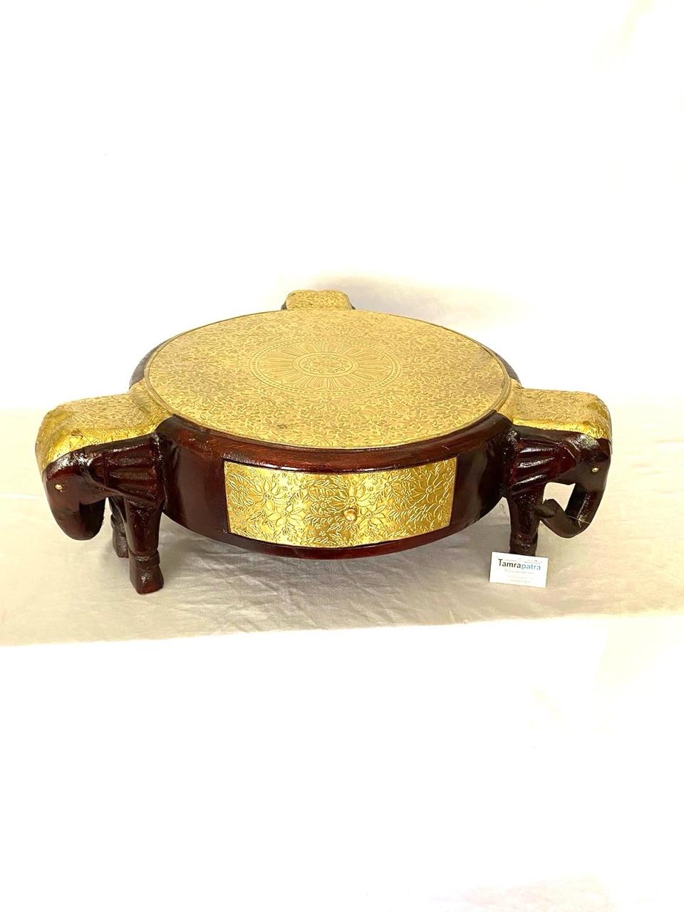 3 Elephant Wooden Brass Stool With Drawer Vintage Collection From Tamrapatra