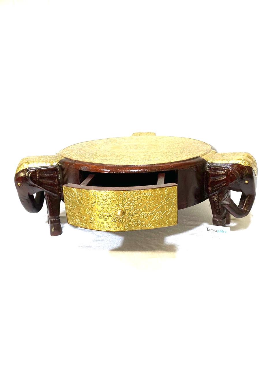 3 Elephant Wooden Brass Stool With Drawer Vintage Collection From Tamrapatra