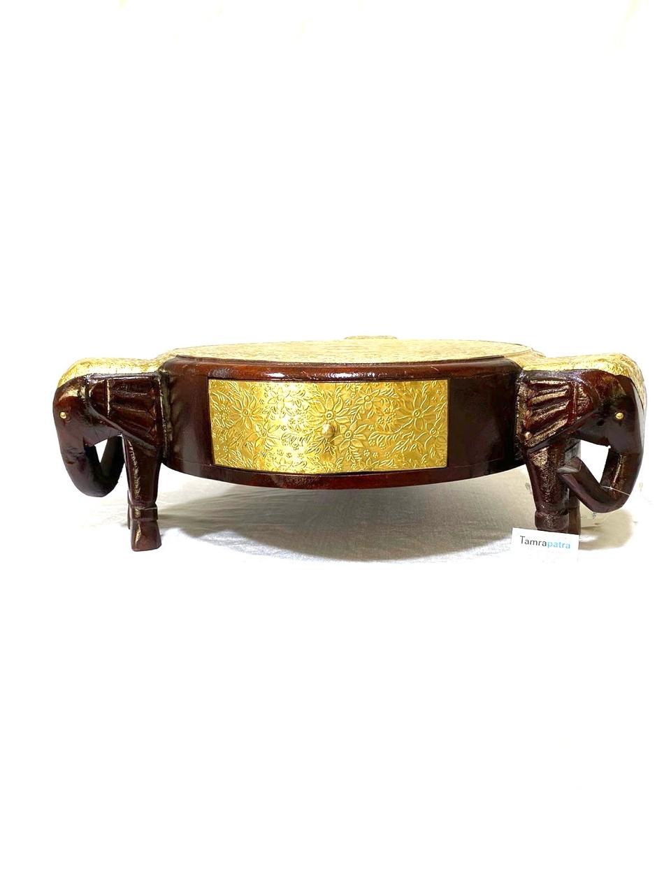 3 Elephant Wooden Brass Stool With Drawer Vintage Collection From Tamrapatra