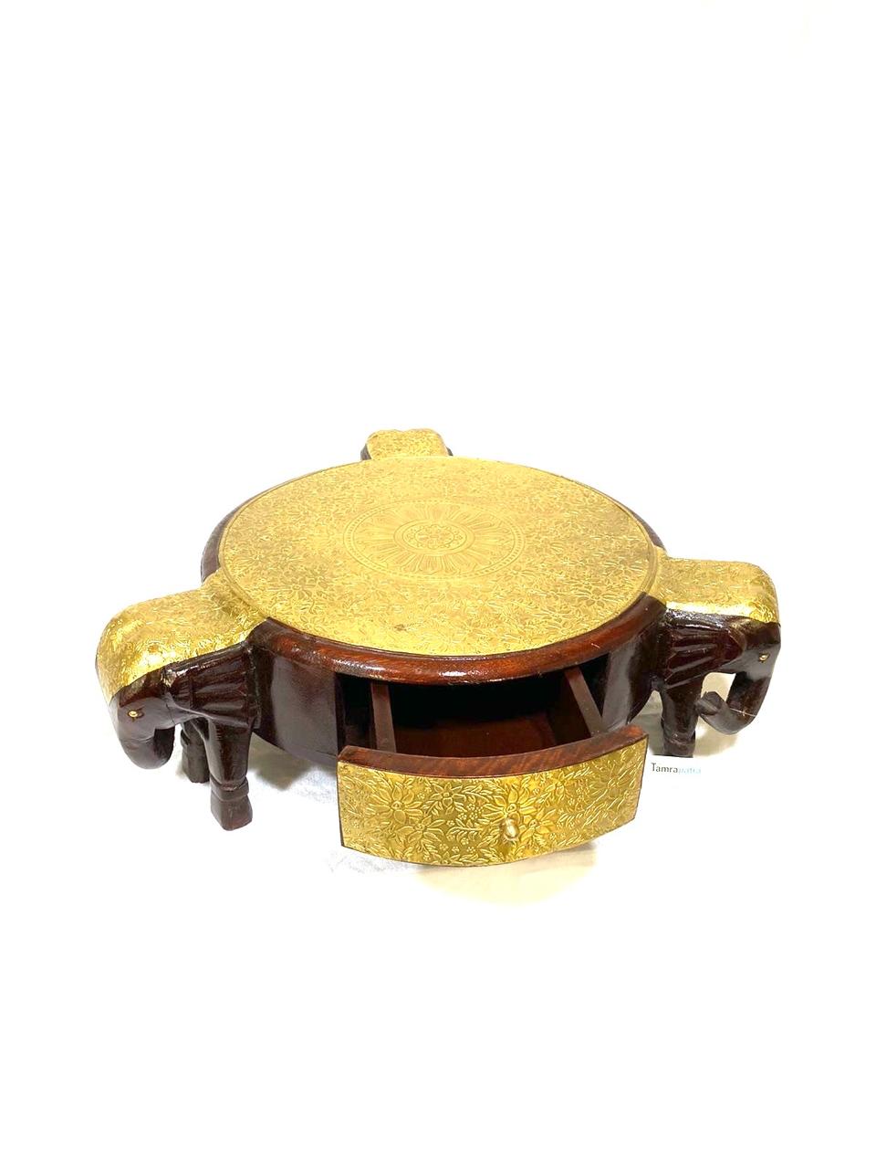 3 Elephant Wooden Brass Stool With Drawer Vintage Collection From Tamrapatra
