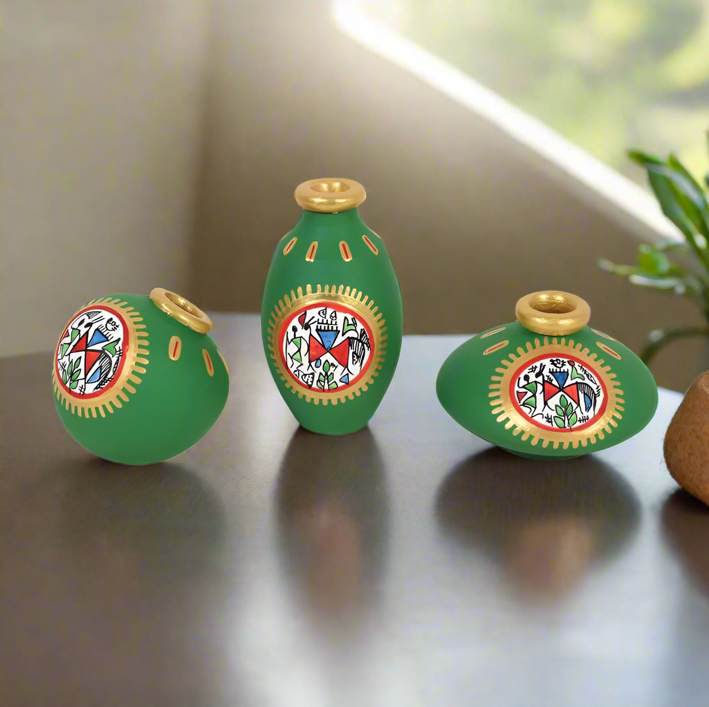 Fine Warli Pots Set Of 3 With Various Design & Colors Exclusively From Tamrapatra