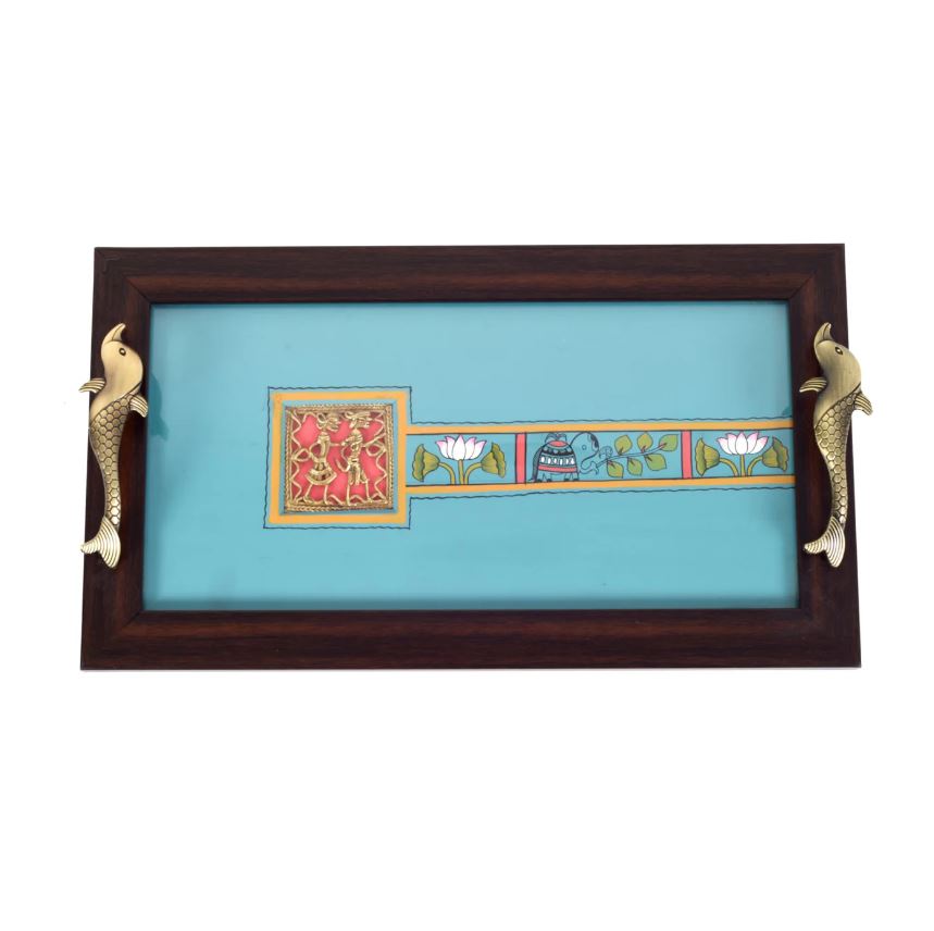 Aqua Blue Designer Wooden Tray With Tough Glass On Dhokra Art From Tamrapatra