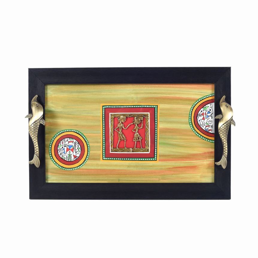 Tray With Easy To Carry Fish Handles Green Yellow Shades Dhokra Art By Tamrapatra