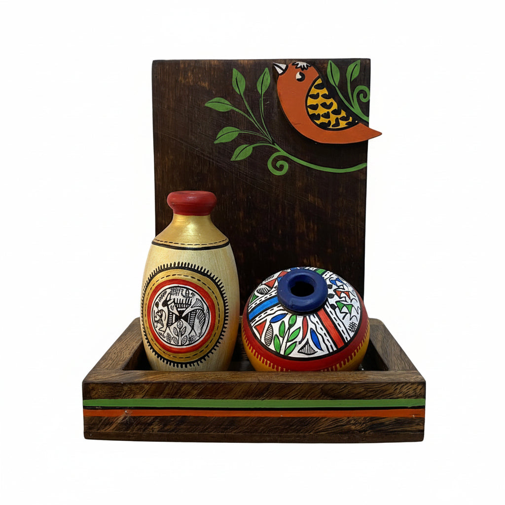 Wall Shelf Wooden With 2 Warli Pots Bird Hand Painting Artistic By Tamrapatra - Tamrapatra