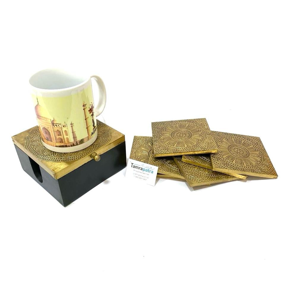 Wooden & Brass Fitting Vintage Set of 6 Tea Coasters In Attractive Box Tamrapatra - Tamrapatra