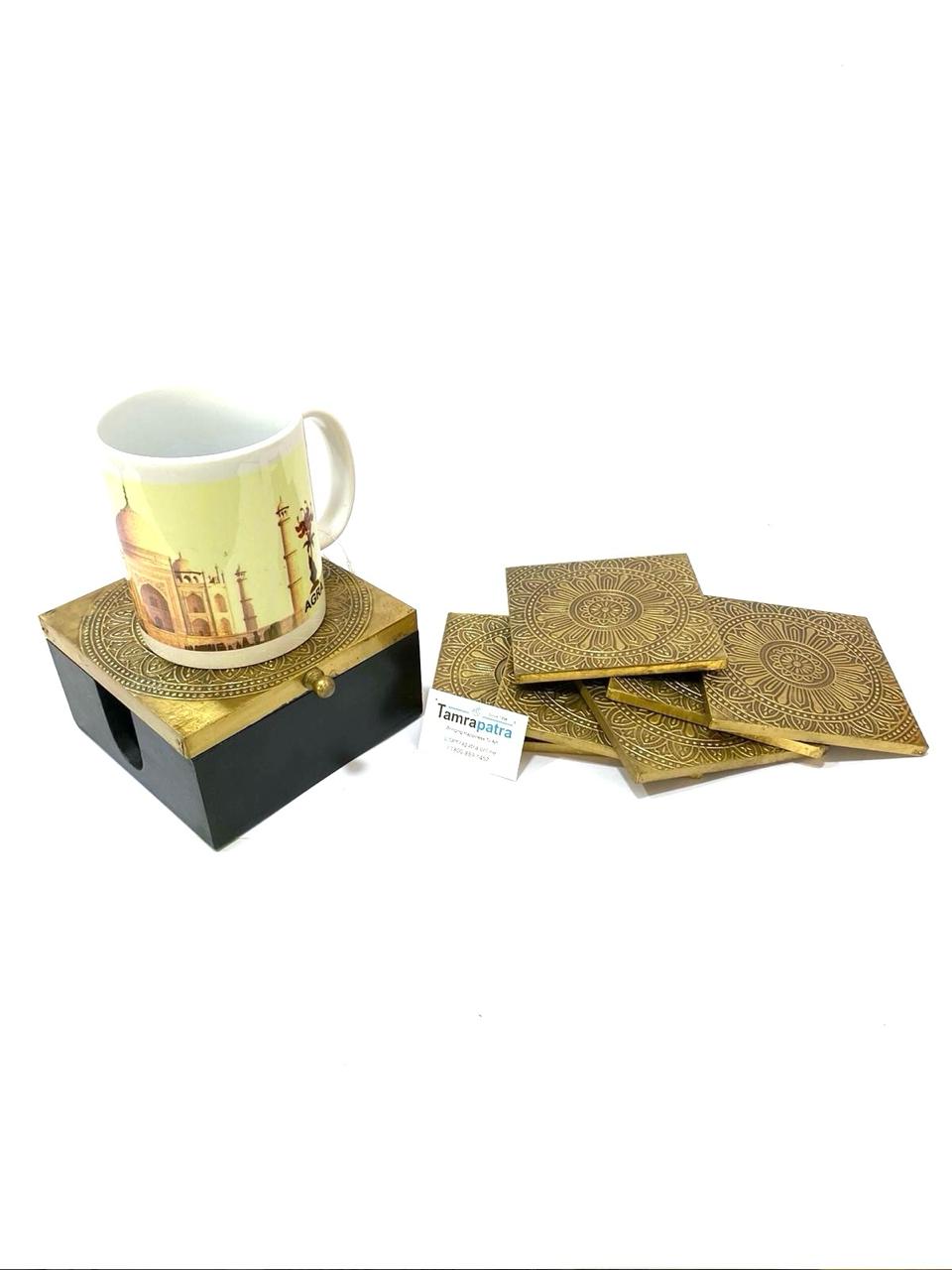 Wooden & Brass Fitting Vintage Set of 6 Tea Coasters In Attractive Box Tamrapatra