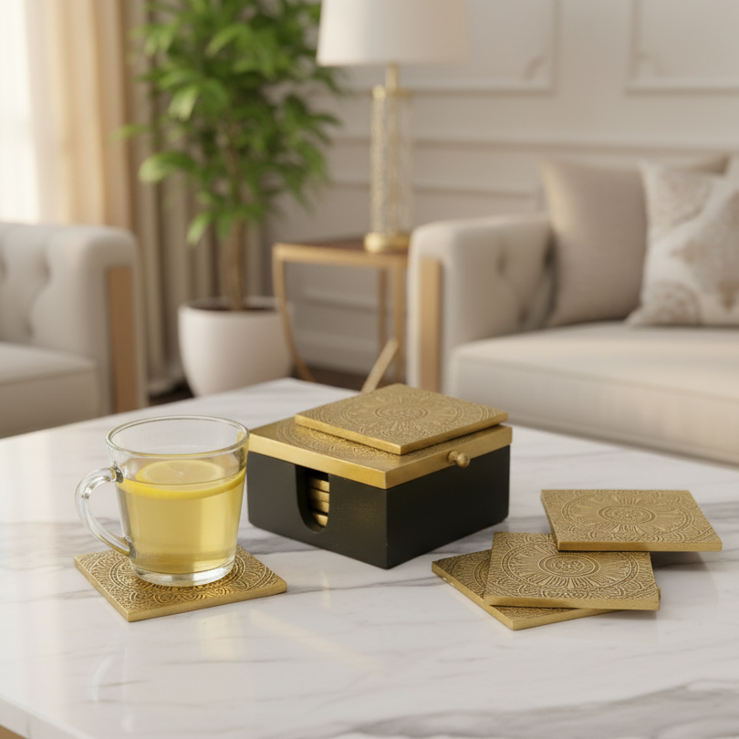 Wooden & Brass Fitting Vintage Set of 6 Tea Coasters In Attractive Box By Tamrapatra - Tamrapatra