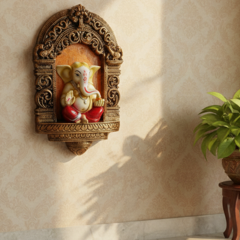 Hand Painted Jharokha Style Ganesha Religious Wall Art Resin By Tamrapatra