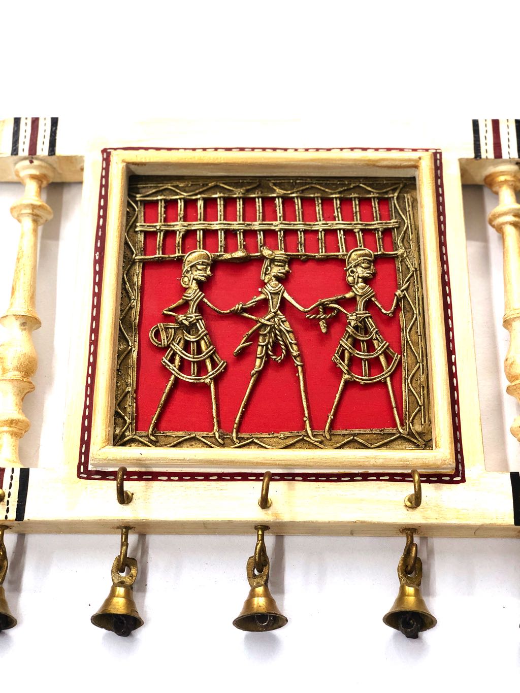 Wooden Key Holder Dhokra Art With Bells Miniature Painting From Tamrapatra