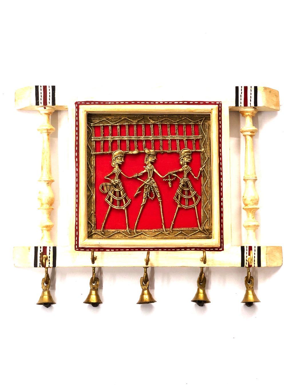 Wooden Key Holder Dhokra Art With Bells Miniature Painting From Tamrapatra