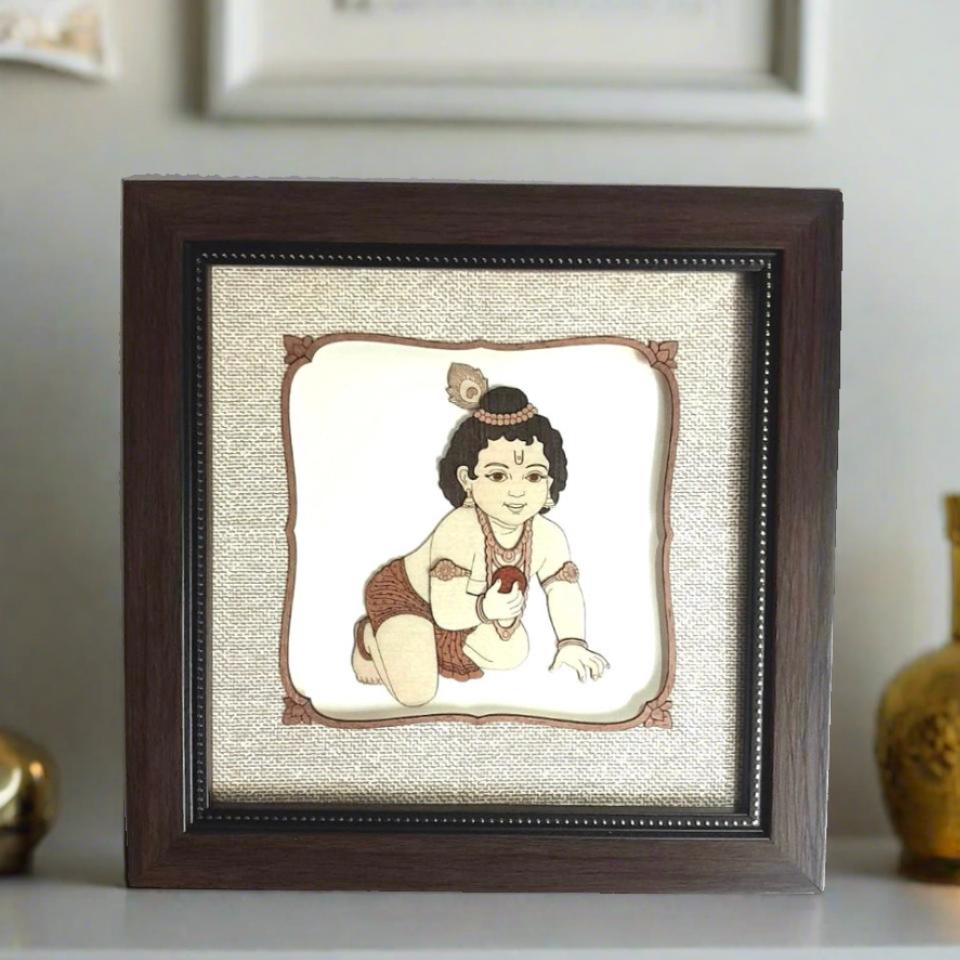 Bal Krishna Natural Wooden Art Frame 3D Religious Display Of Artwork By Tamrapatra