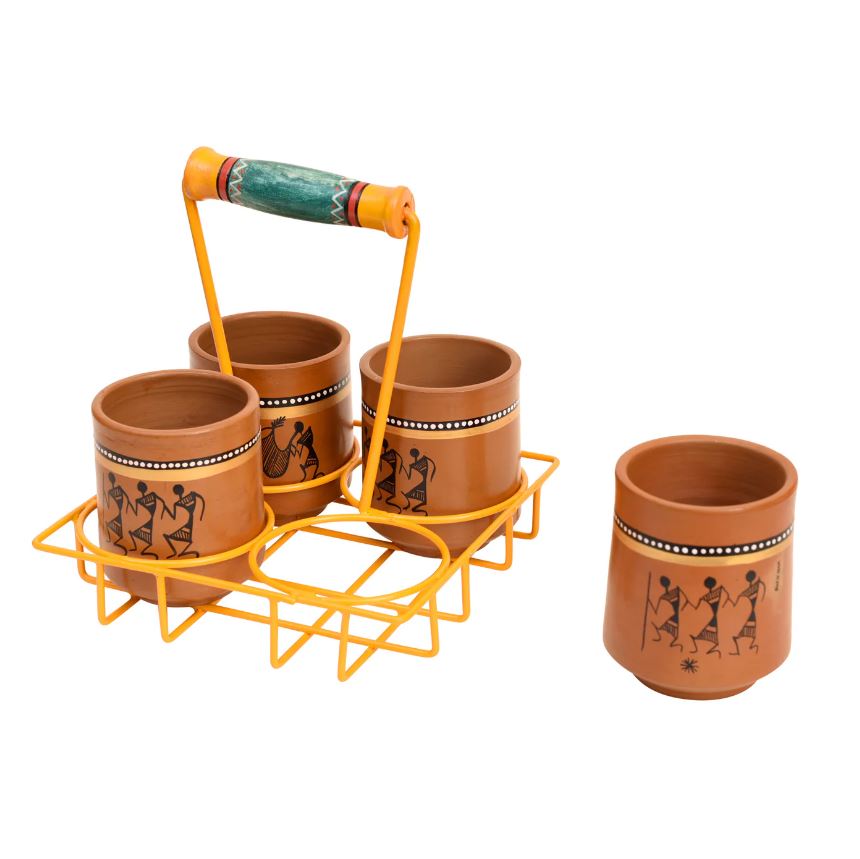 Best Way To Serve Beverages In 4 Terracotta Kulhads With Metal Tray By Tamrapatra