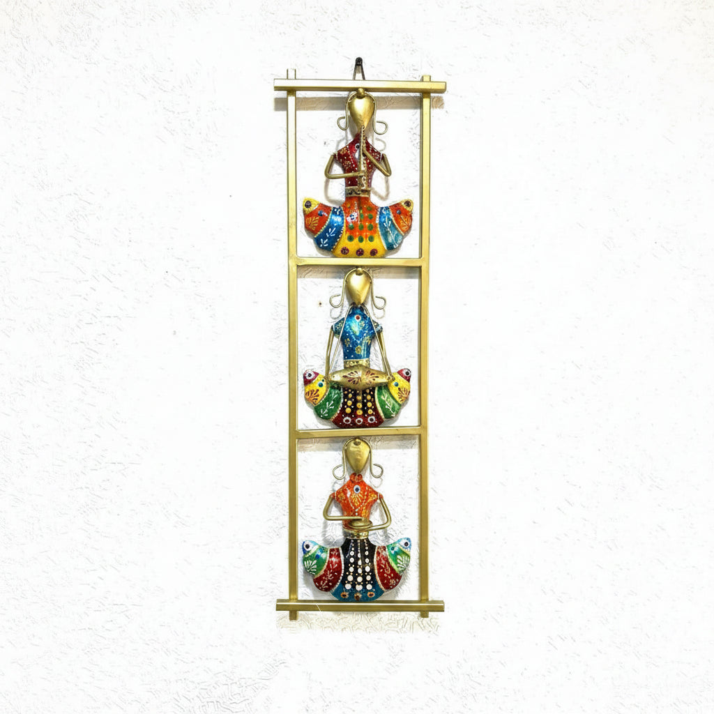 A multicolored hanging frame with various designs featuring lady musicians.