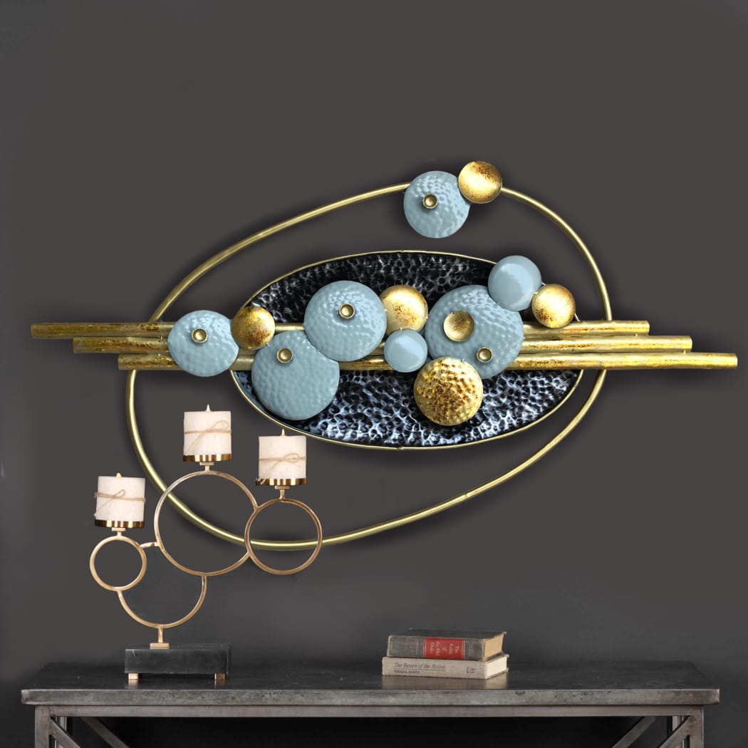 Modern Art New Rings Solid Metal Wall Décor Attractive Blue & Gold From Tamrapatra