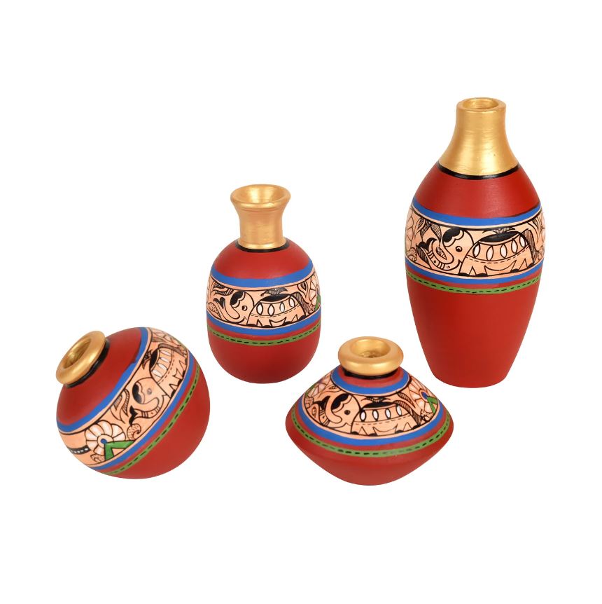 Vibrant Golden Red Madhubani Pots In Various Attractive Shapes Tamrapatra