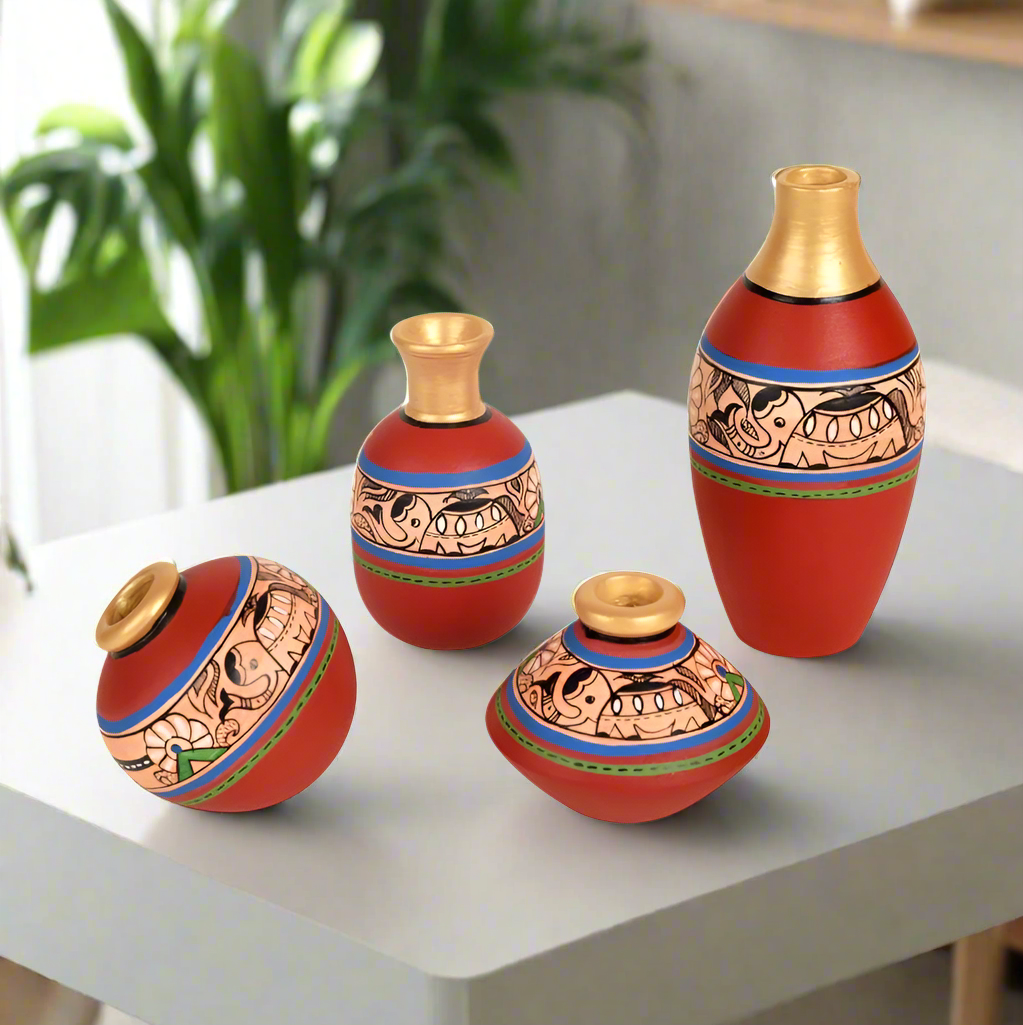 Vibrant Golden Red Madhubani Pots In Various Attractive Shapes Tamrapatra