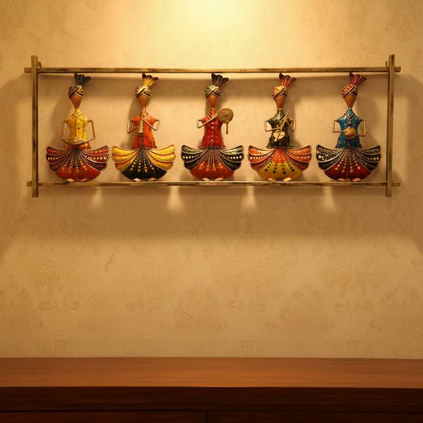 Decorative wall art with five colorful figurines on a wooden shelf against a beige wall.