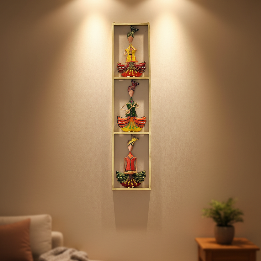 A vertical metal frame with three sitting musicians, each with a different instrument, against a gold background.