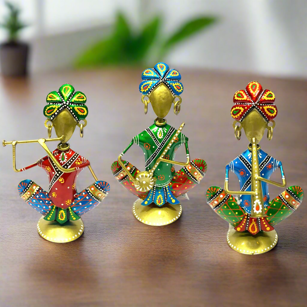Traditional Musical Night Man Playing Instruments Indian Art Tamrapatra