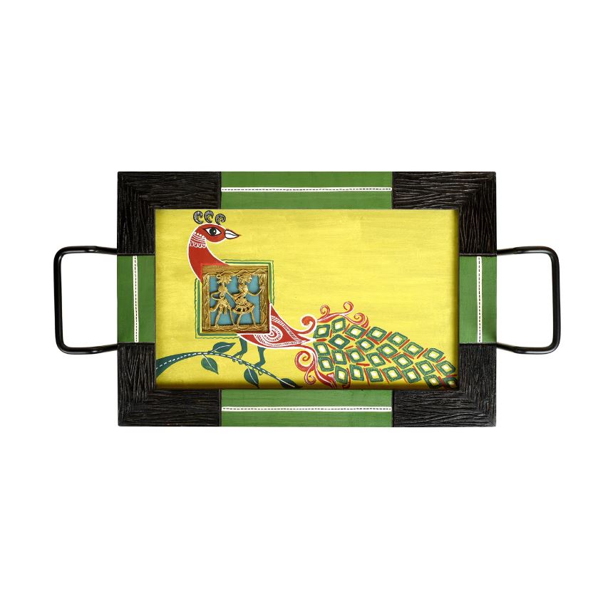 Tough Glass Elegant Serving Tray Warli & Madhubani Dhokra Combined Art Tamrapatra