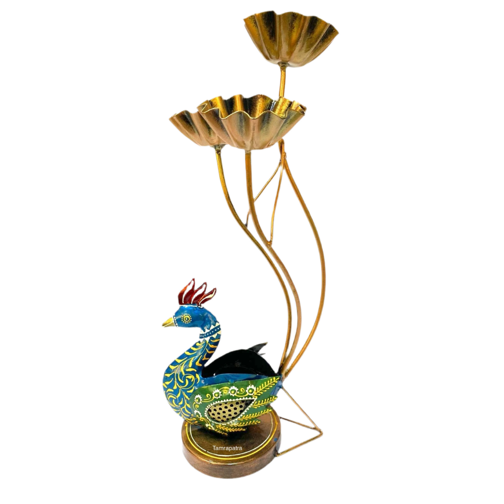 Peacock Shaped Metal Decorative Artefact With 3/4 Candle Holder Tamrapatra