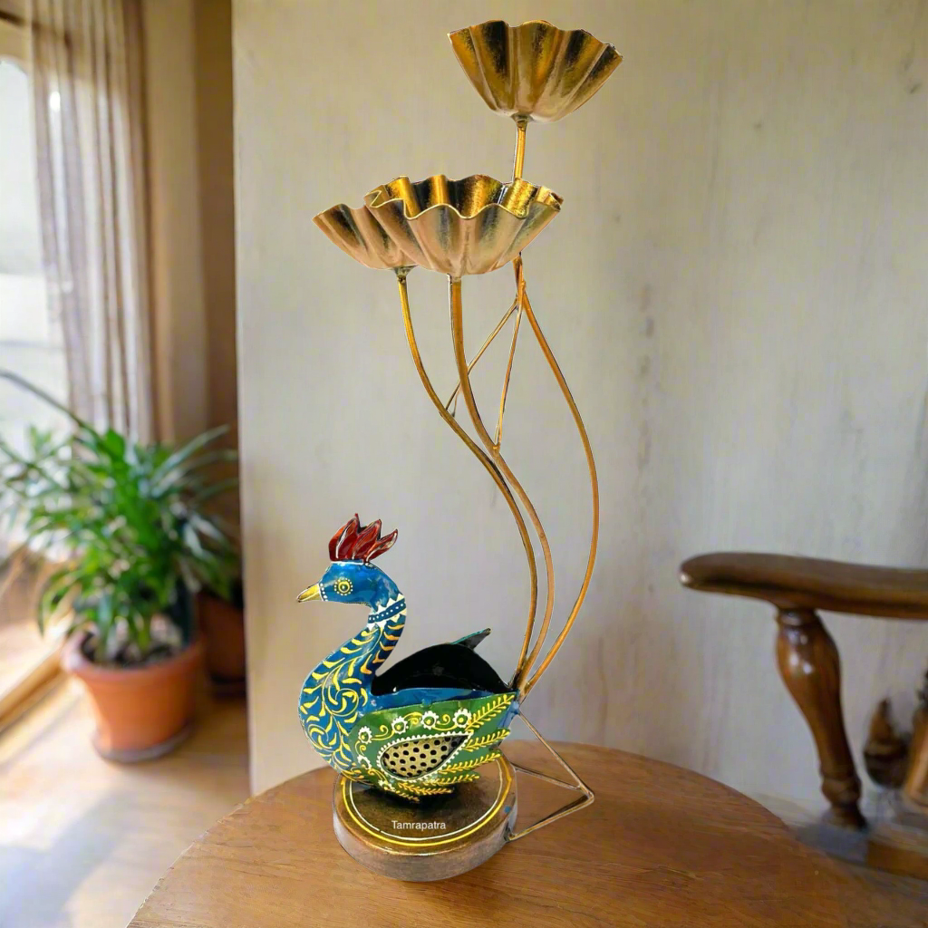Peacock Shaped Metal Decorative Artefact With 3/4 Candle Holder Tamrapatra