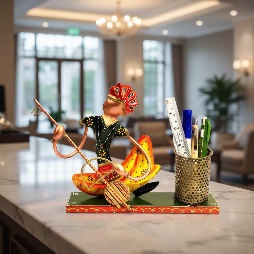 Hand Painted Colorful Office Utility Pen Holders Musician Playing Sitar By Tamrapatra - Tamrapatra