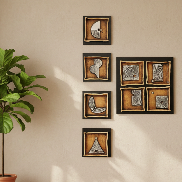 Tiger Brown Hand Painted With Floral Art In Set Of 5 Exclusively At Tamrapatra - Tamrapatra