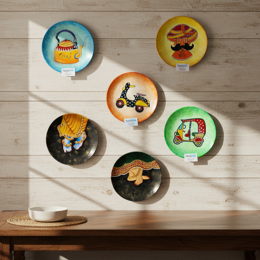 Set of decorative plates with artistic designs on a white background