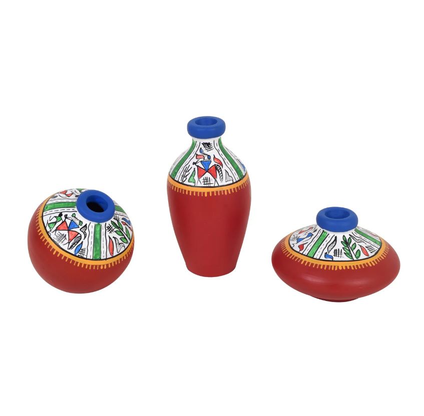 Fine Warli Pots Set Of 3 With Various Design & Colors Exclusively From Tamrapatra