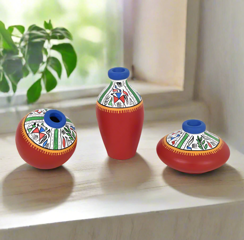 Fine Warli Pots Set Of 3 With Various Design & Colors Exclusively From Tamrapatra