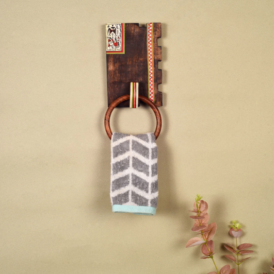 Towel Holder Wooden Finish With Warli Hand Painted Best Collection By Tamrapatra