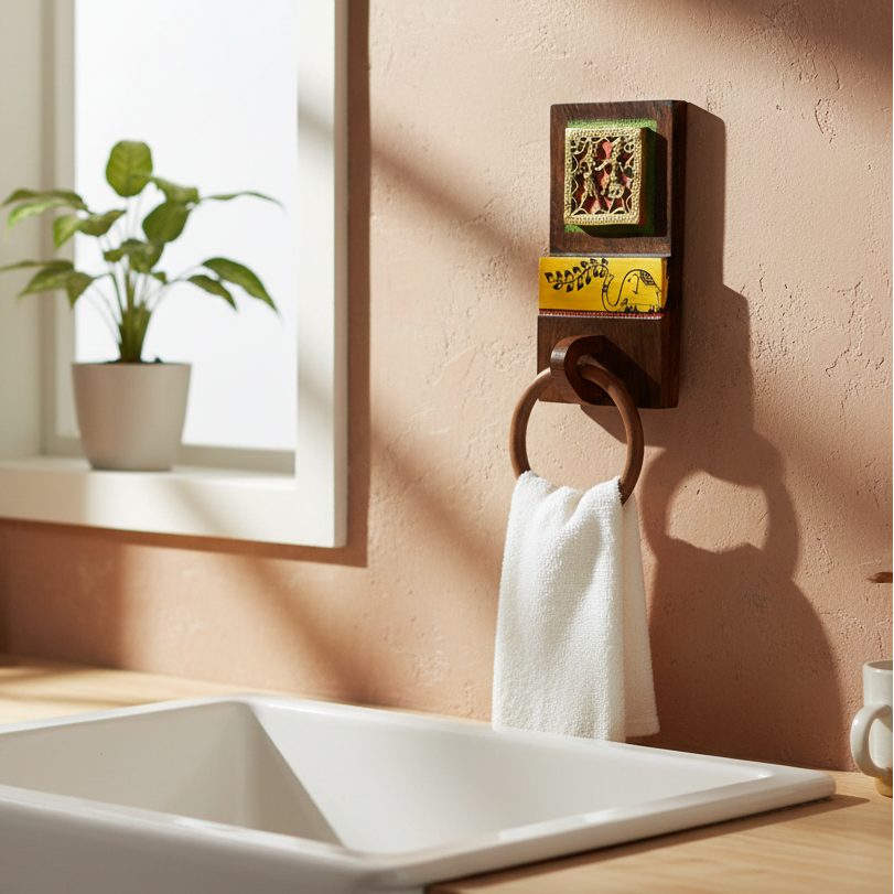 Dhokra Art& Hand Painted Wooden Wall Napkin Towel Holder Utility By Tamrapatra