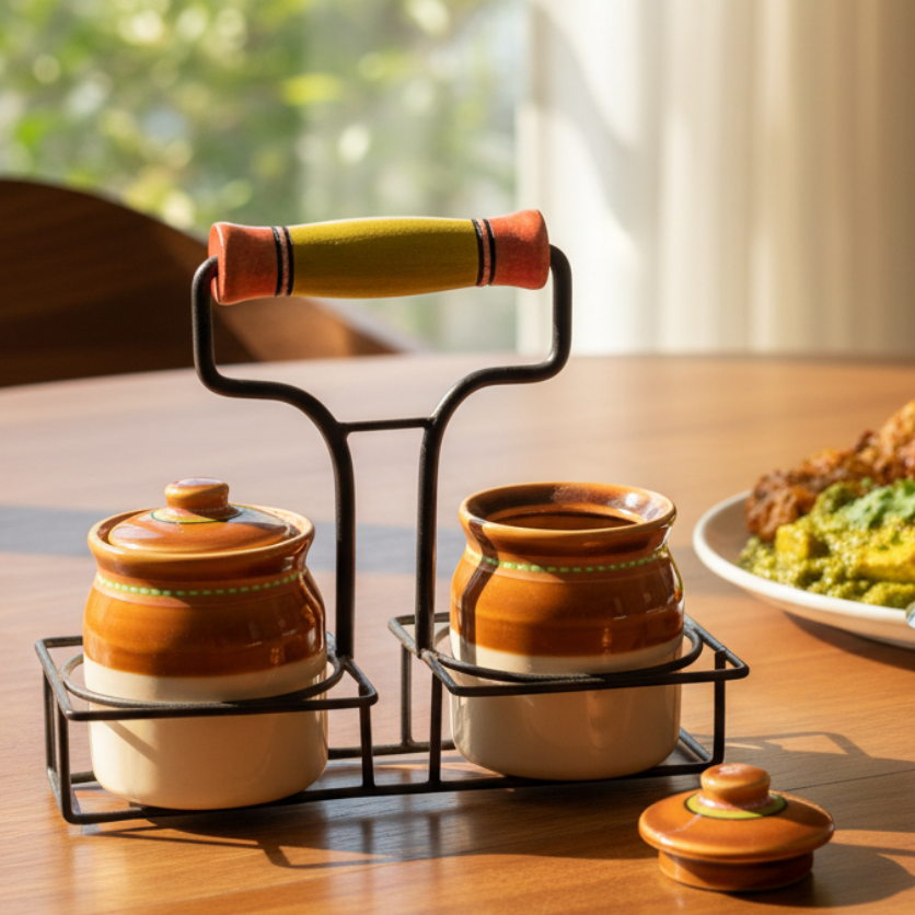 Decorative ceramic jars with a metal stand on a textured surface with a plant in the background.
