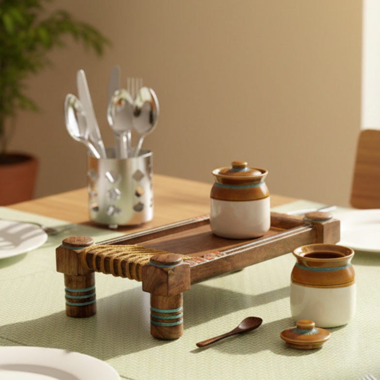 Wooden tray with ceramic containers on a textured surface against an orange wall.