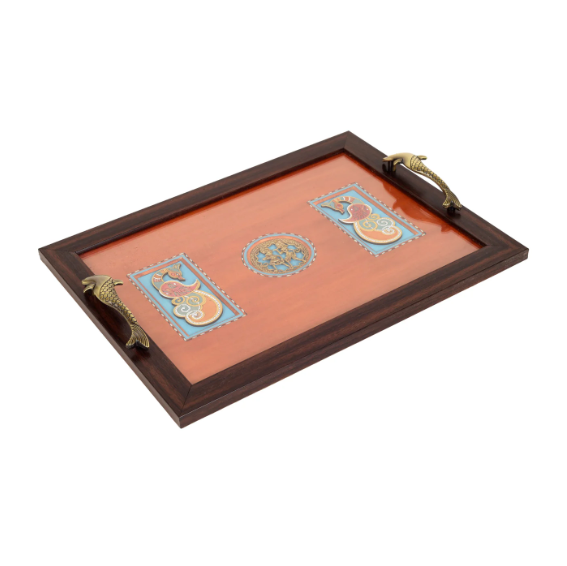 Exclusive HandPainted Tray New Design Peacock Dhokra Utility Art By Tamrapatra