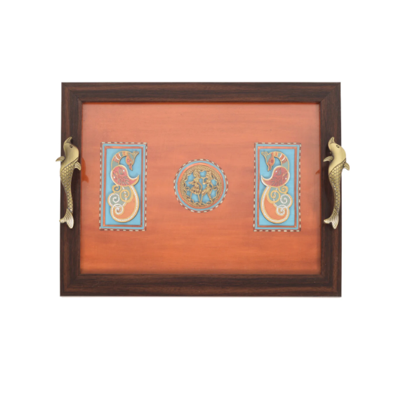 Exclusive HandPainted Tray New Design Peacock Dhokra Utility Art By Tamrapatra