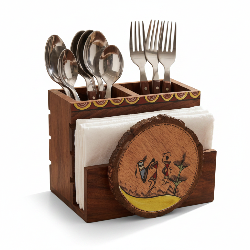 Wooden cutlery holder with utensils and napkins on a table.