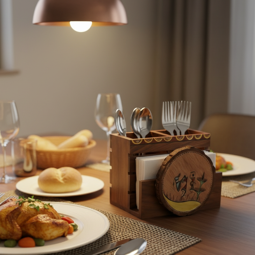 Multipurpose Cutlery Remote Stand Wooden Crafts Dinning Accessories By Tamrapatra - Tamrapatra