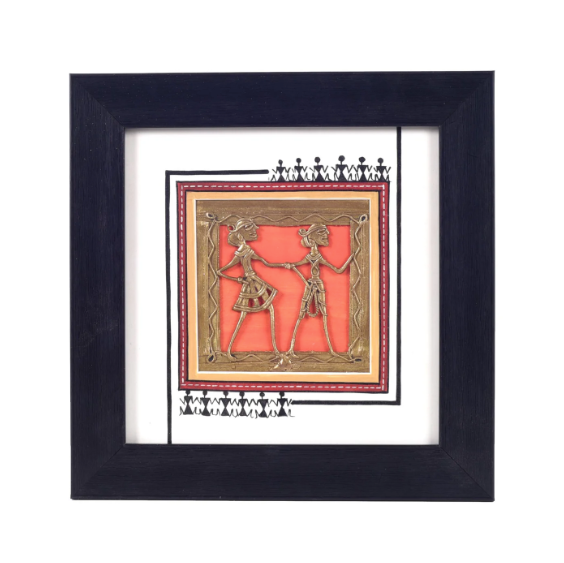 White Orange 2 Dhokra Figure In Classy Black Frame Wall Hangings By Tamrapatra