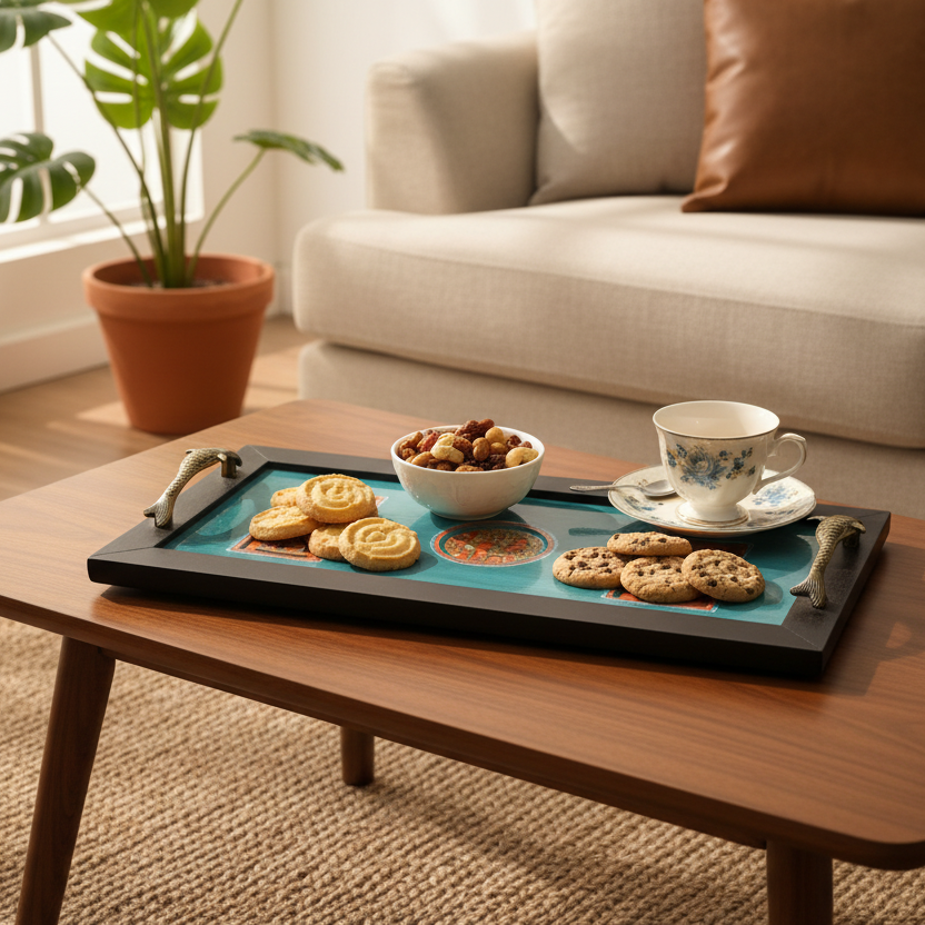 Ocean Blue Hand Painted Classic Wooden Tray & Fish Brass Handles By Tamrapatra - Tamrapatra