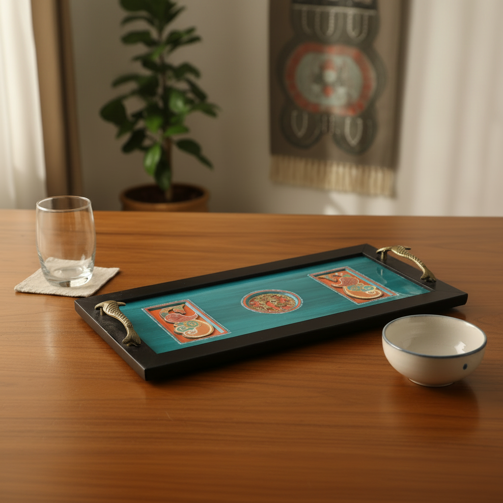 Ocean Blue Hand Painted Classic Wooden Tray & Fish Brass Handles By Tamrapatra - Tamrapatra
