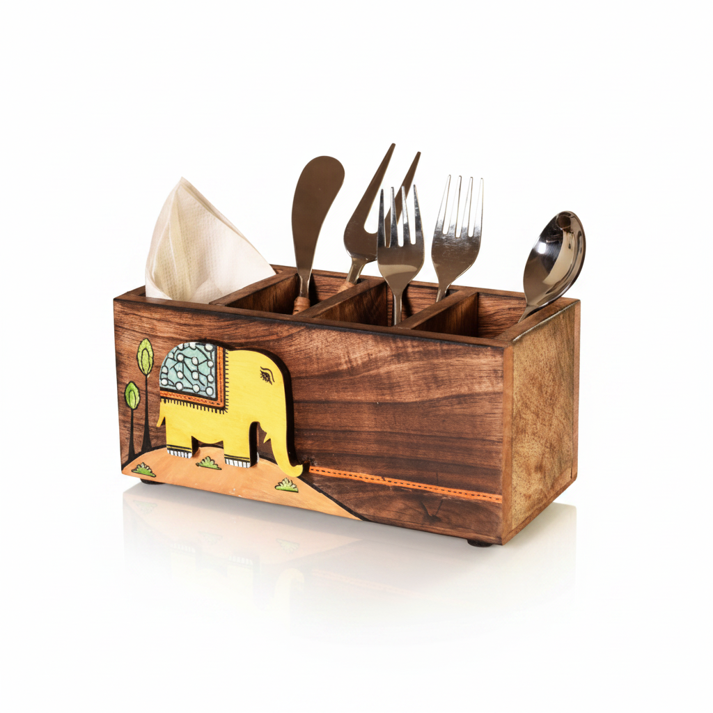 Wooden cutlery holder with elephant design on a reflective surface.