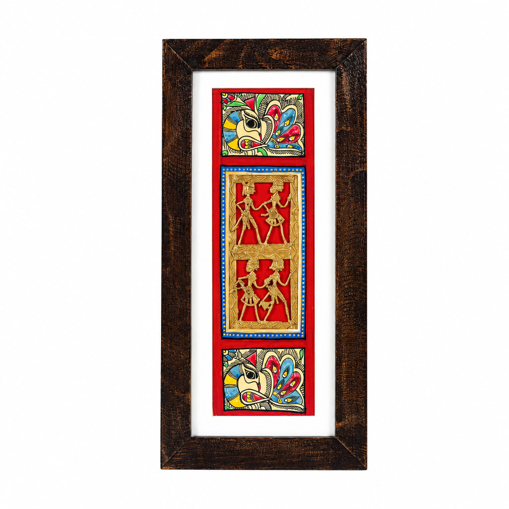 A framed vertical art print featuring three stacked panels with red, gold, and multicolored traditional-style illustrations, set in a dark brown wooden frame with a white mat on a white background.