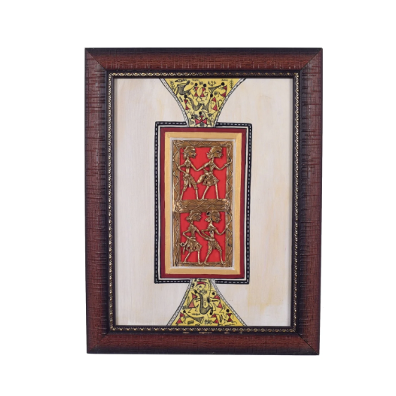 A framed decorative art piece featuring a central red panel with gold figures, surrounded by a cream background and a dark brown textured frame.