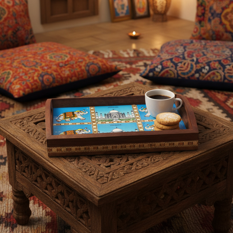 Premium Mango Wood Tray Blue Pottery Tile Combined Creation By Tamrapatra